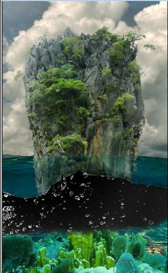 Message in a Bottle, bottle splashing in waves, Rough Water Surface, copy space, james bond island, close up of water wave, bubbles, tropic landscape, sea, ocean corals, seascape photomanipulation.